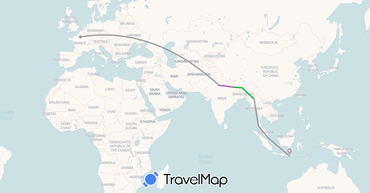 TravelMap itinerary: driving, bus, plane, train in Bhutan, France, Indonesia, India, Myanmar (Burma), Nepal, Singapore, Thailand (Asia, Europe)